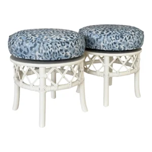 Coastal Mid-20th Century Ficks Reed Swivel Ottomans With Sunbrella Upholstery-Pair