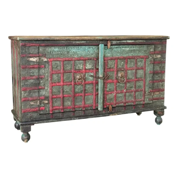 Early 20th Century-Anglo-Indian Painted Wood Cabinet With Iron Accents and Original Patina