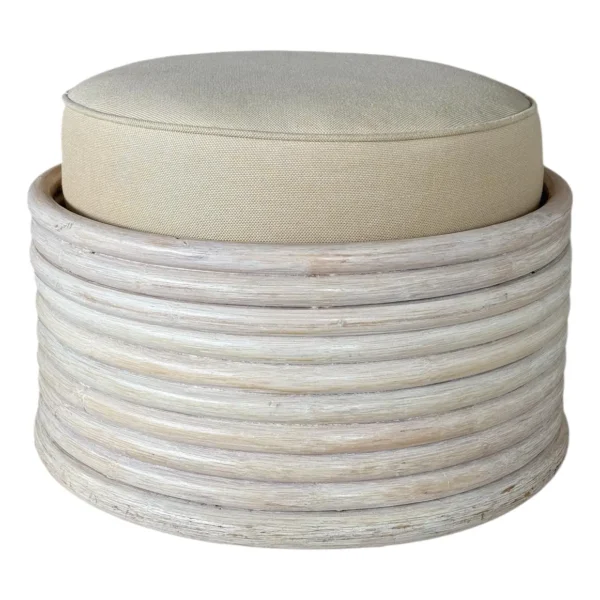 Vintage Coastal Bent Stacked Rattan Ottoman With Cerused Finish