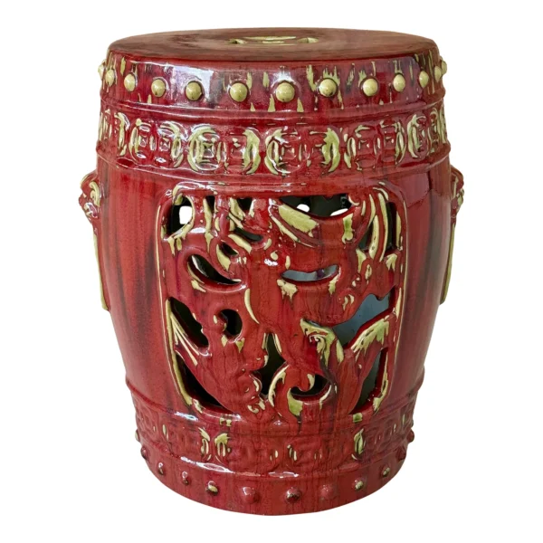 Vintage Oxblood Red Chinese Ceramic Glazed Garden Stool With Pierced Detailing